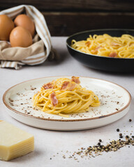 Italian spaghetti carbonara with bacon eggs and cheese