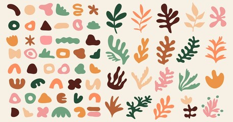 Big set of various abstract shapes and plants in pastel colors. Hand drawn doodles. Modern fashion illustration. Flat design, cartoon drawing, vector.