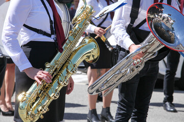 city bands with instruments for fanfare and military musician marches - obrazy, fototapety, plakaty