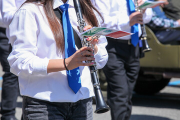 city bands with instruments for fanfare and military musician marches