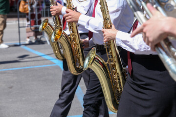 city bands with instruments for fanfare and military musician marches - obrazy, fototapety, plakaty