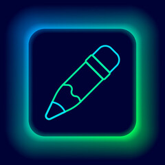 Glowing neon line Pencil with eraser icon isolated on black background. Drawing and educational tools. School office symbol. Colorful outline concept. Vector