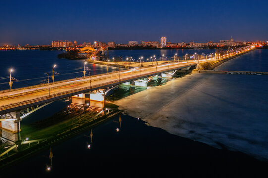 Night winter Voronezh, Chernavsky bridge, aerial view