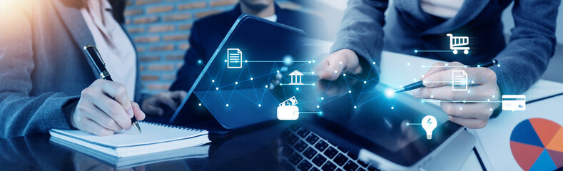 Man holding credit card and using smartphone at home office, businessman shopping online,...