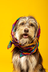 Studio portrait of an adorable furry puppy wearing a headscarf on yellow background.