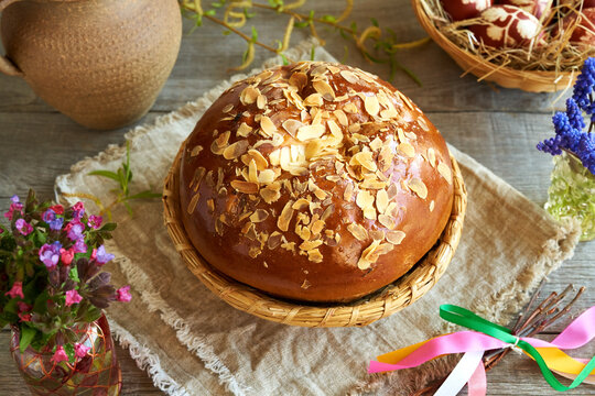 Mazanec, traditional Czech sweet Easter pastry, in a basket