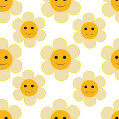 Fototapeta premium Colorful seamless pattern in geometric style with ditsy flowers. Groovy and fun vector print with smiled faces in chamomile flowers, cartoon style. Retro and hippie aesthetic, love and peace