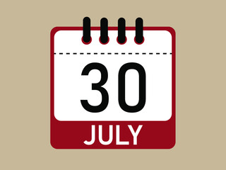 Calendar icon 30 july. Vector illustration of calendar.