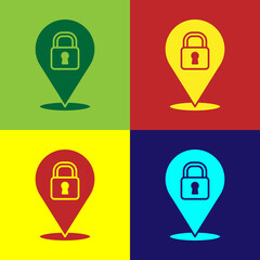 Pop art Location lock icon isolated on color background. The concept of the house turnkey. Vector