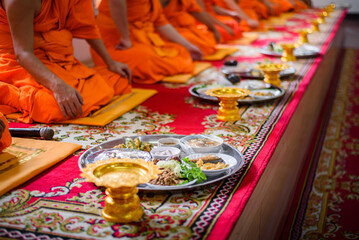 Thai cultural engagement ceremony monks having a lunch in a buddhist temple