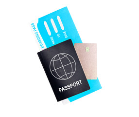 Passport, boarding pass and credit card isolated on white background. Travelling by air concept. Documents for going abroad by plane. High quality photo