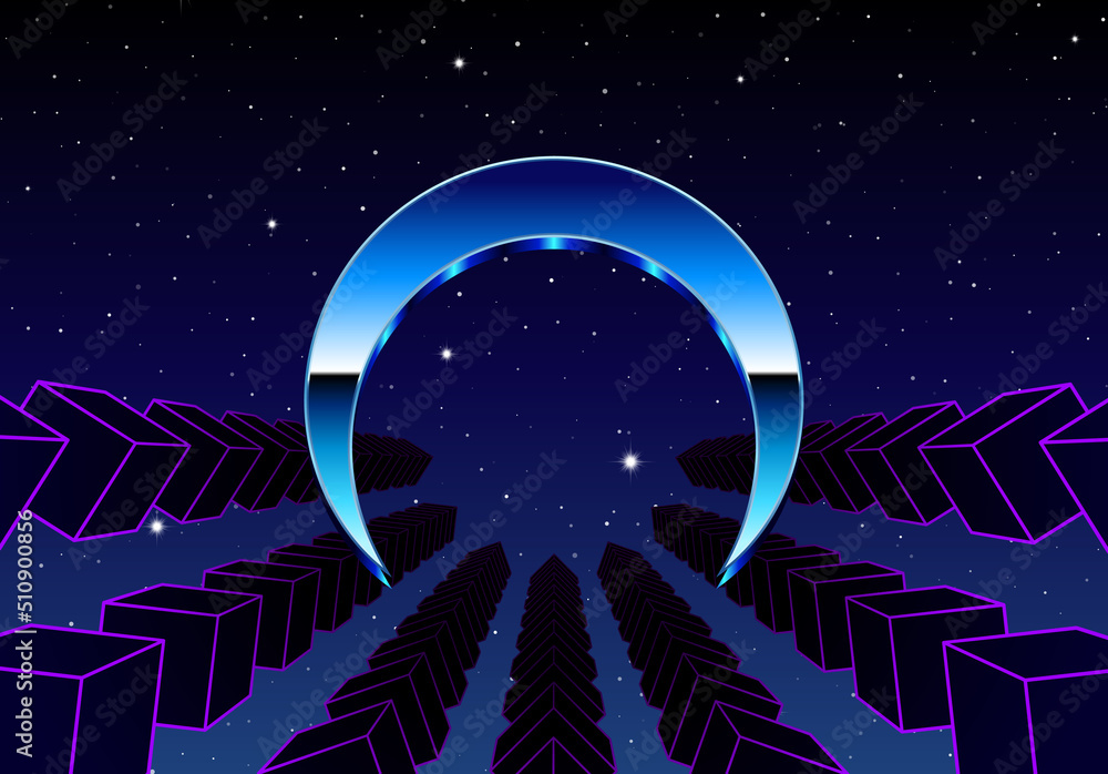 Poster synthwave frame with chrome arc and 80s styled synthwave arcade game landscape.