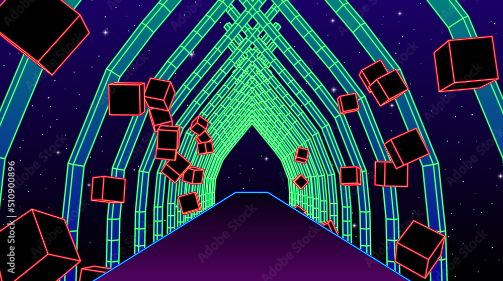 Aufkleber neon corridor with wireframe shapes in 80s synthwave style. abstrace retro arcade game background fo