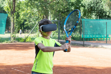 Close up image of boy in vr glasse on tennis court with raquet in his hands. Training process in...