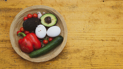 Fresh vegetables for salad dish vintage rustic style