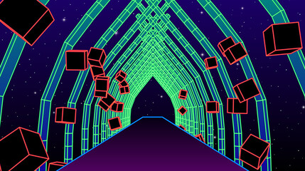 Neon corridor with wireframe shapes in 80s synthwave style. Abstrace retro arcade game background for party poster or music cover.