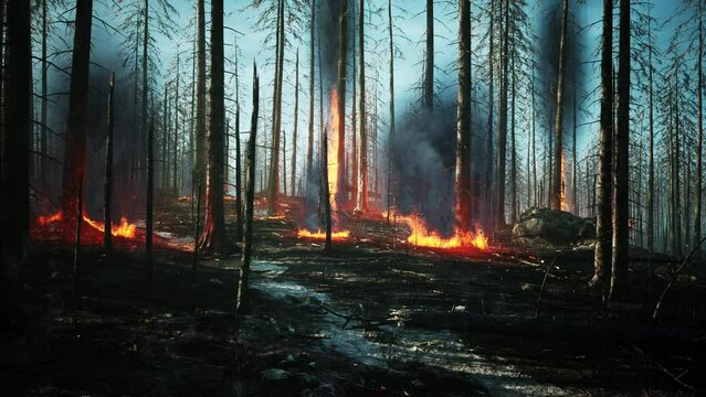 Forest fire with fallen tree is burned to the ground