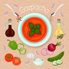 Gazpacho soup and ingredients for it on canvas background. Vector food illustration. Recipe picture. Cartoon style