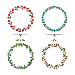 Set of beautiful vector round hand-draw floral wreaths on white background