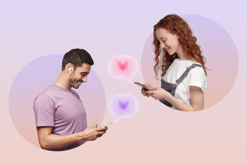 Side view of cute guy and redhead girl in circles with phones sending likes in dating app - obrazy, fototapety, plakaty