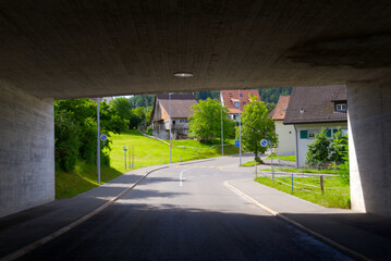 Subway with scenic rural landscape near village Forch, Canton Zürich, on a sunny summer day. Photo taken June 8th, 2022, Forch, Switzerland.