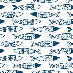 Scandinavian seamless pattern with vector decorative tuna fish