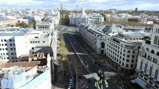 Aerial view of Madrid with Calle de Alcala and Cibeles Square, Spain