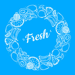 Hand drawn wreath of fruit and berries on bright blue background