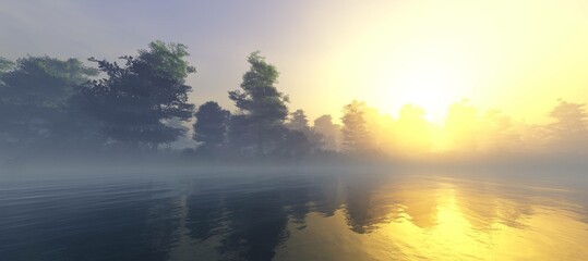 Morning on the river, shore in the fog, fog on the lake, trees in the fog over the water, 3d rendering