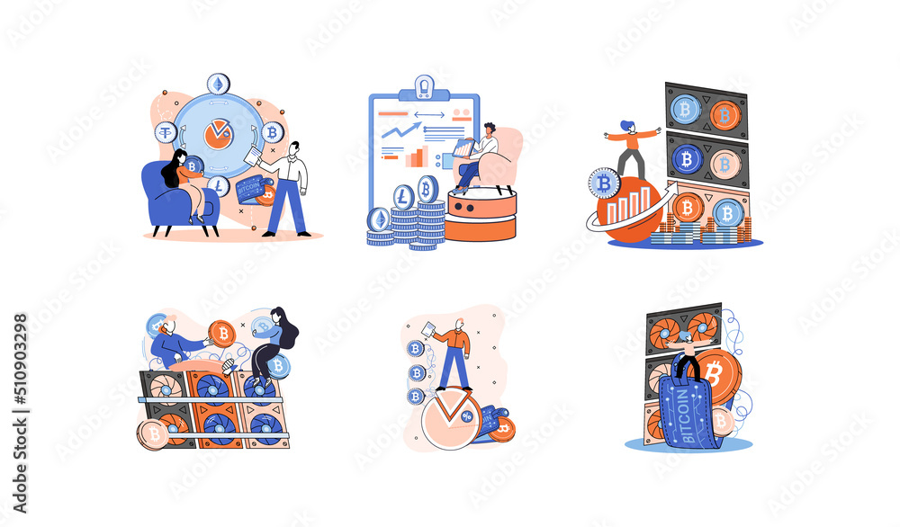 Poster cryptocurrency bitcoin mining metaphor blockchain exchange platform. cyber banking procedures, bitco