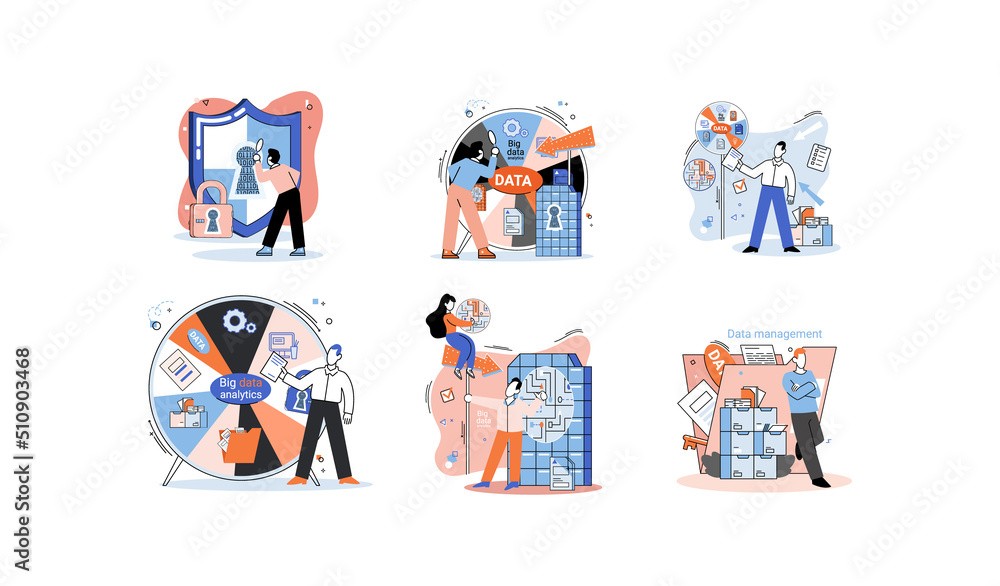 Poster big data analytics platform, data management and protection creative metaphor set abstract concept. 