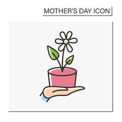 Flower color icon. Houseplant present for holiday. Celebrate family day. Mother day concept. Isolated vector illustration