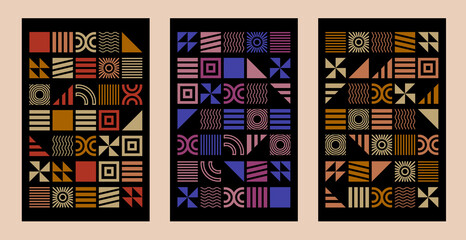 Abstract geometric cover designs. Black covers with colorful geometric shapes. Composition with geometry. Abstract backgrounds
