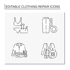 Clothing repair line icons set. Correct and trim length in women underwear, midi skirt, blazer and oversized shirt. Fashion concept. Isolated vector illustrations. Editable stroke