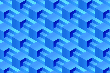 Abstract geometric vector background with cubes and stairs. 3D rendering, isometric projection of blue cubes and stairs.