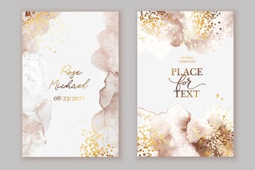 Elegant marble, stone  texture. Watercolor, ink vector background with brown,  grey,  beige for cover, invitation template, wedding card, menu design. Golden goil lines, crack, stone veins.  - obrazy, fototapety, plakaty