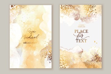 Elegant marble, stone  texture. Watercolor, ink vector background with brown,  grey,  beige for cover, invitation template, wedding card, menu design. Golden goil lines, crack, stone veins. 
