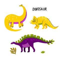 Collection of cute dinosaurs, triceratops, diplodocus, stegosaurus. Plants. Flat design. Isolated