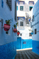 Typical narrow street in the city of Chefchaouen, blue color decorated with pots on the walls with plants and lanterns. Morocco.