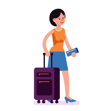 Cartoon woman passenger with luggage. Passenger with suitcases. Vector illustration.