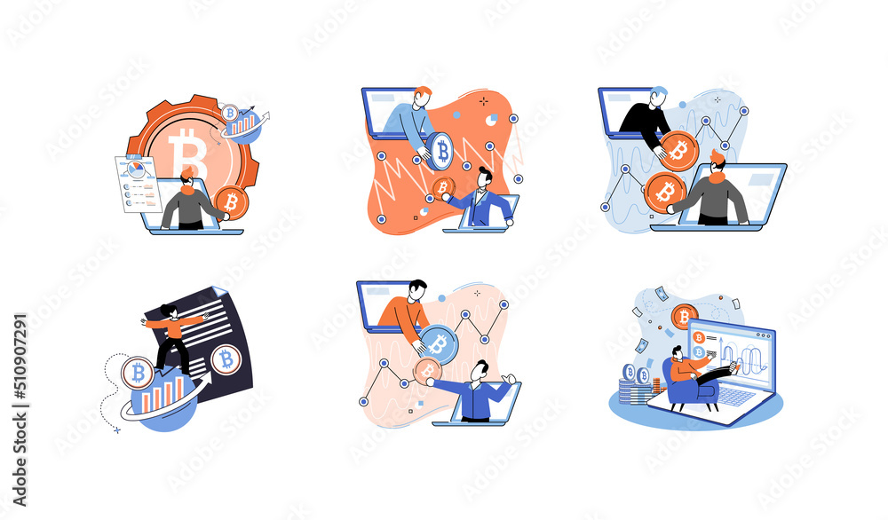 Poster cryptocurrency bitcoin mining metaphor blockchain exchange platform. cyber banking procedures, bitco