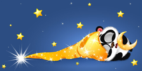 Panda sleeping in the starring sky with sleeping cap and moon in paws