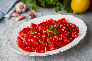 Roasted Pepper Salad Appetizer, Turkish appetizer, (Turkish name; sirkeli koz kirmizi biber mezesi
