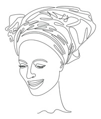 Silhouettes of the girl's head. Lady in a turban, scarf. Woman face in modern one line style. Solid line, contour for decor, posters, stickers, logo. Vector illustration.
