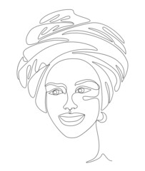 Silhouettes of the girl's head. Lady in a turban, scarf. Woman face in modern one line style. Solid line, contour for decor, posters, stickers, logo. Vector illustration.