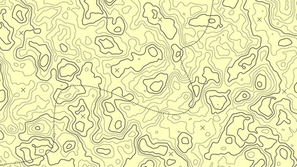 Topographic map background. Geographic abstract patterns grid. The topo contour map with stylized height. Mountain trail terrain, terrain path. Old yellow Background. Vector illustration.
