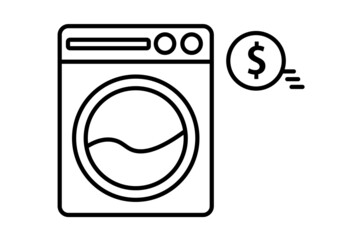 Laundromat washing machine and dollar coin. Vector.