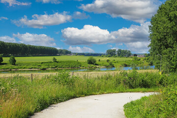 Beautiful rural dutch valley landscape, riverside cycling path, river Maas, green forest, idyllic farm meadows - Maasvallei, Limburg, Netherlands