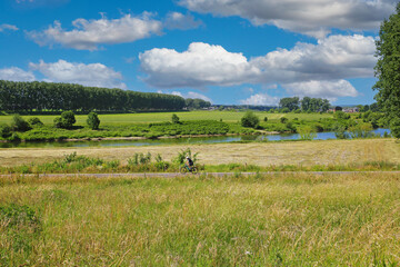 Beautiful scenic dutch rural landscape, green meadows, river Maas, blue summer sky fluffy cumulus...