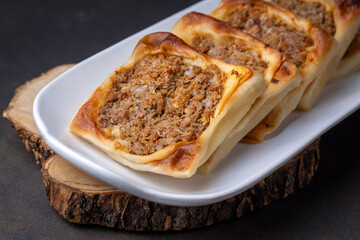 Traditional delicious Turkish foods; Kaytaz pastry with minced meat of Turkey Hatay - Antakya region (Turkish name; Kaytaz boregi)